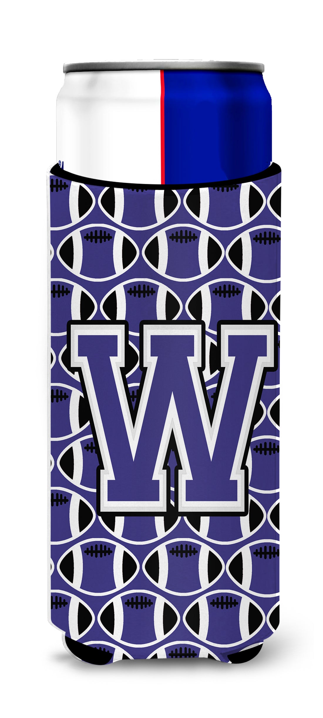 Letter W Football Purple and White Ultra Beverage Insulators for slim cans CJ1068-WMUK.