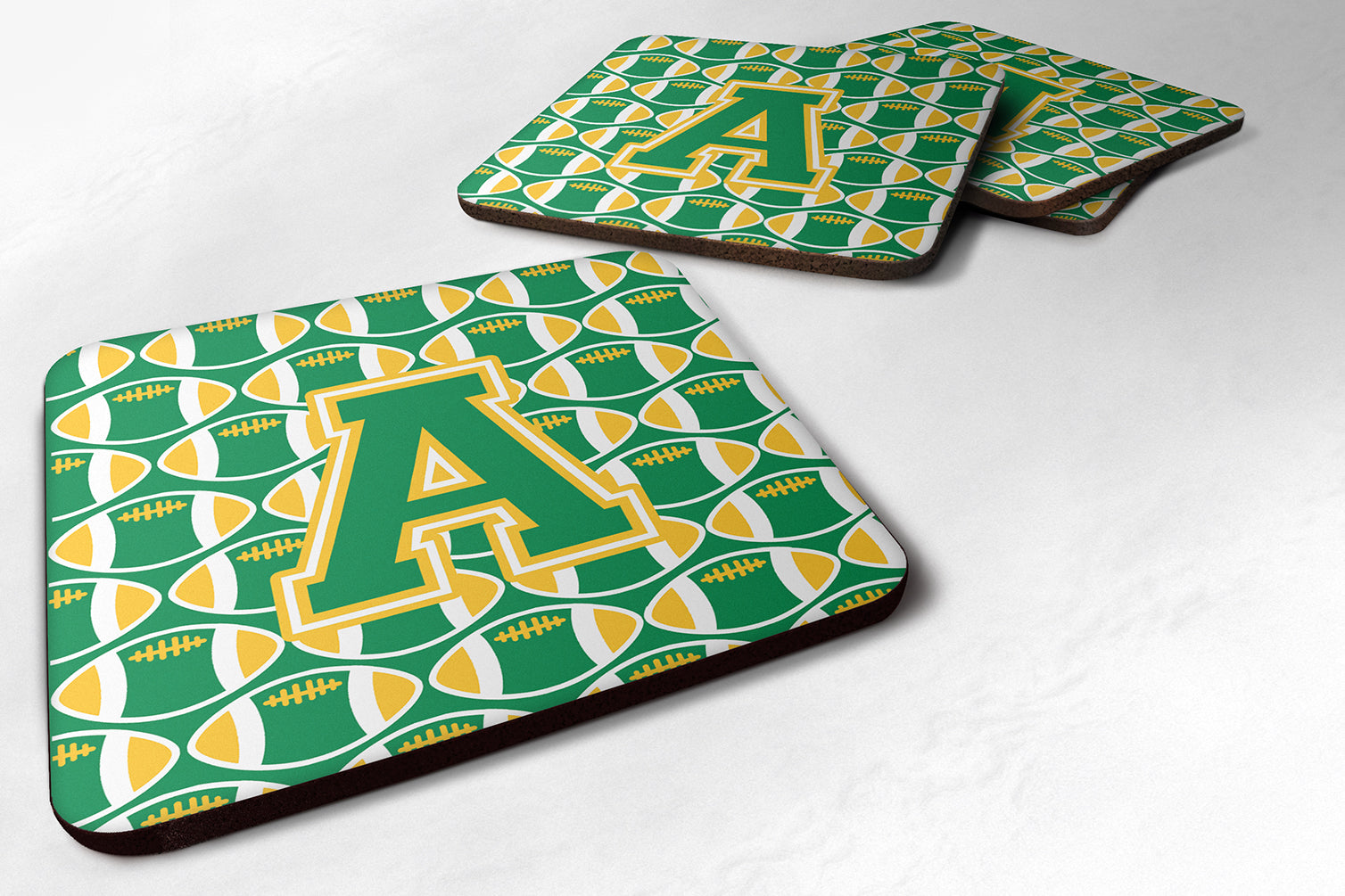 Letter A Football Green and Gold Foam Coaster Set of 4 CJ1069-AFC - the-store.com