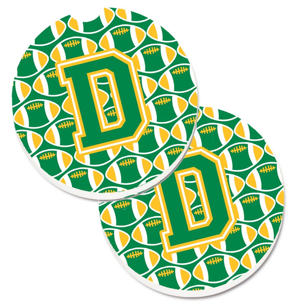 Letter D Football Green and Gold Set of 2 Cup Holder Car Coasters CJ1069-DCARC by Caroline&#39;s Treasures