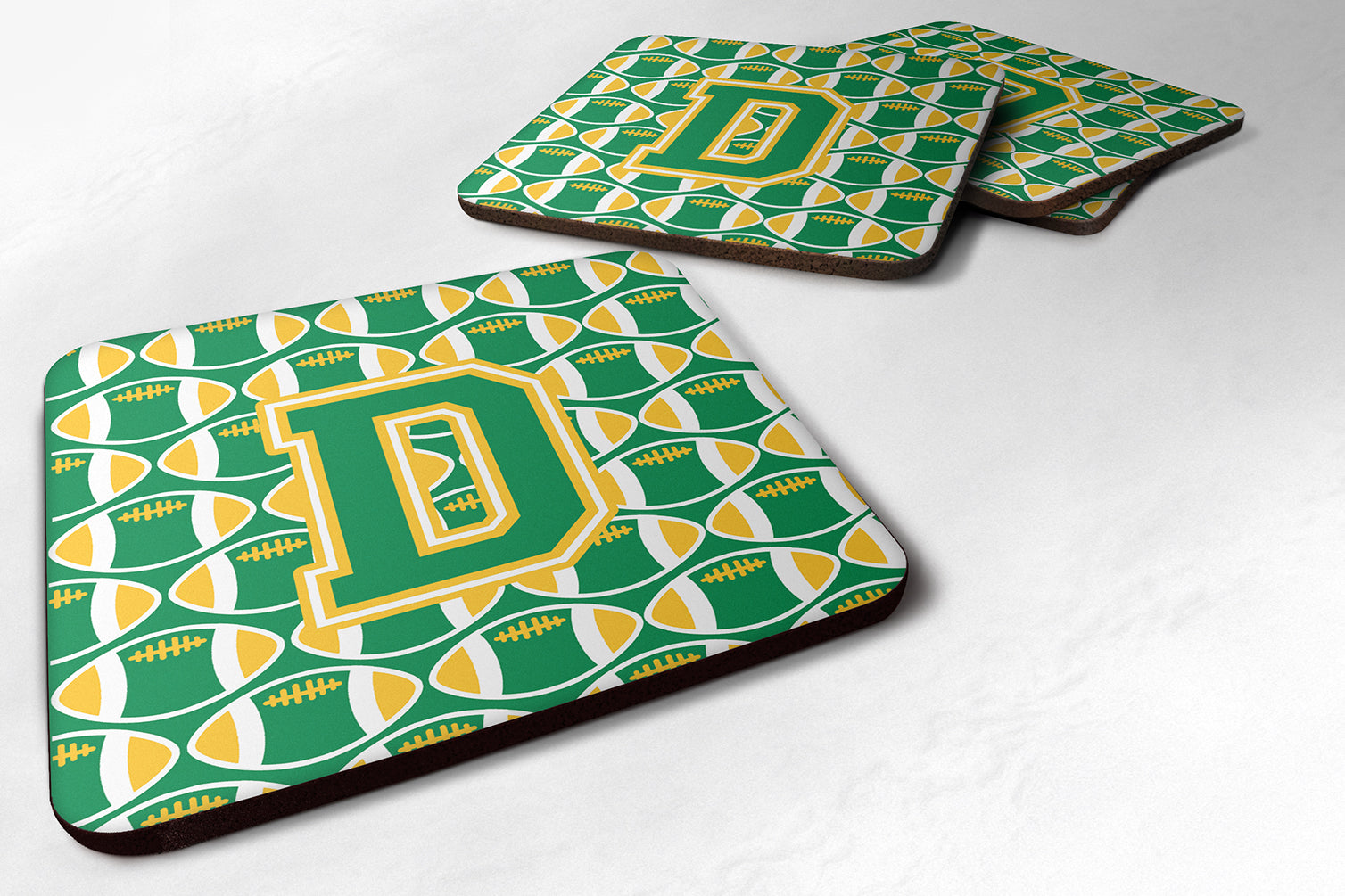 Letter D Football Green and Gold Foam Coaster Set of 4 CJ1069-DFC - the-store.com