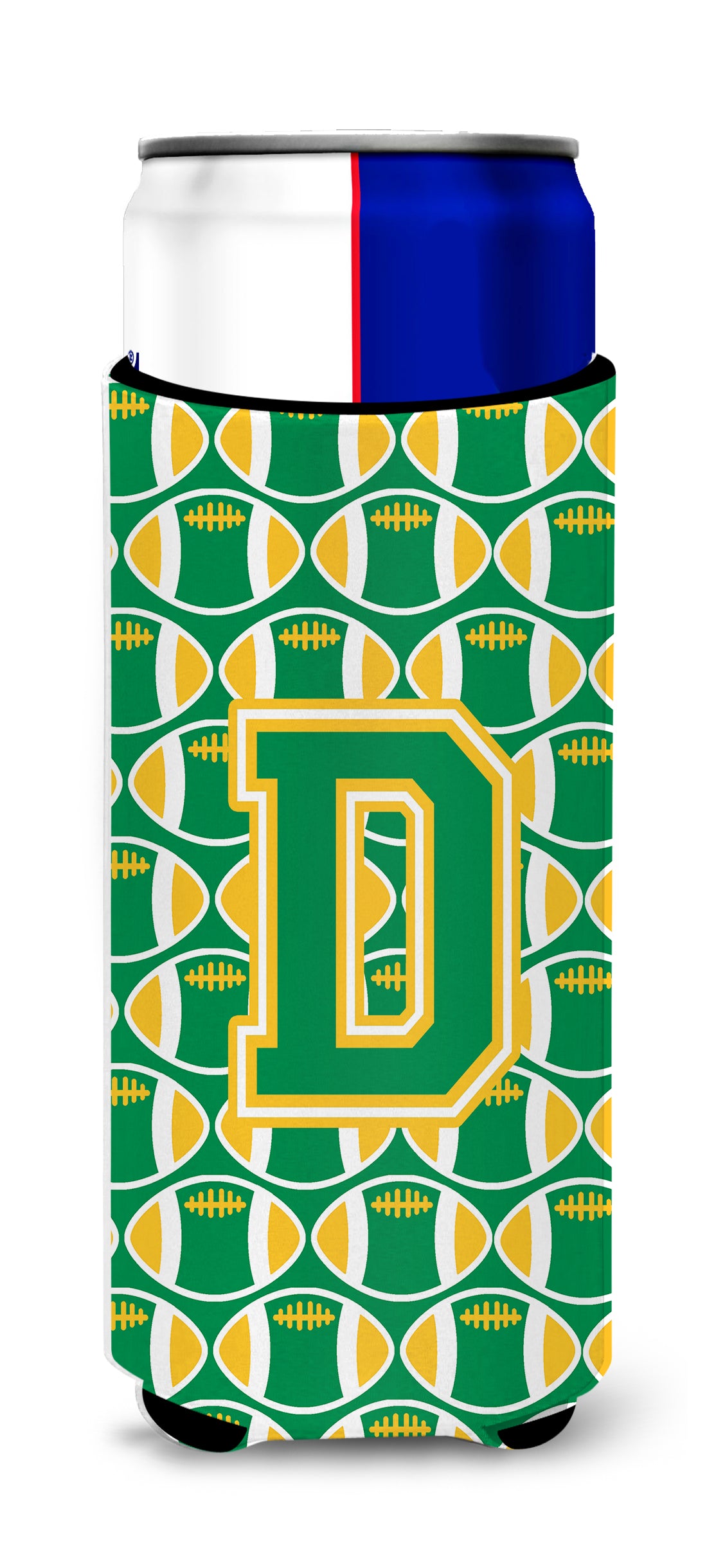 Letter D Football Green and Gold Ultra Beverage Insulators for slim cans CJ1069-DMUK.