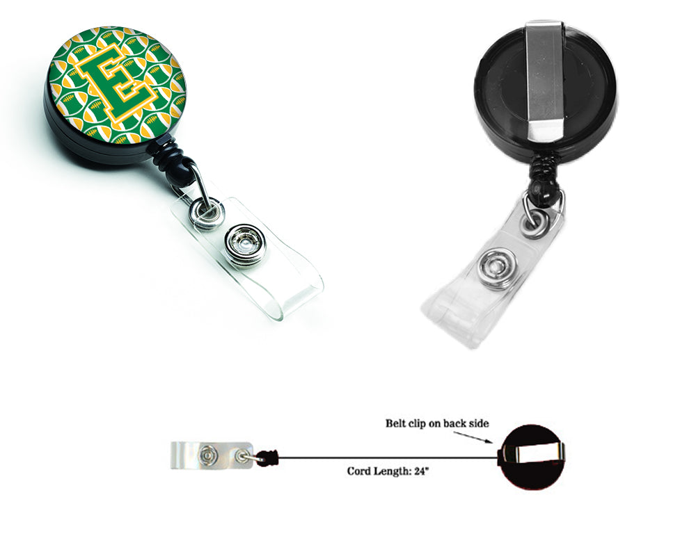 Letter E Football Green and Gold Retractable Badge Reel CJ1069-EBR.