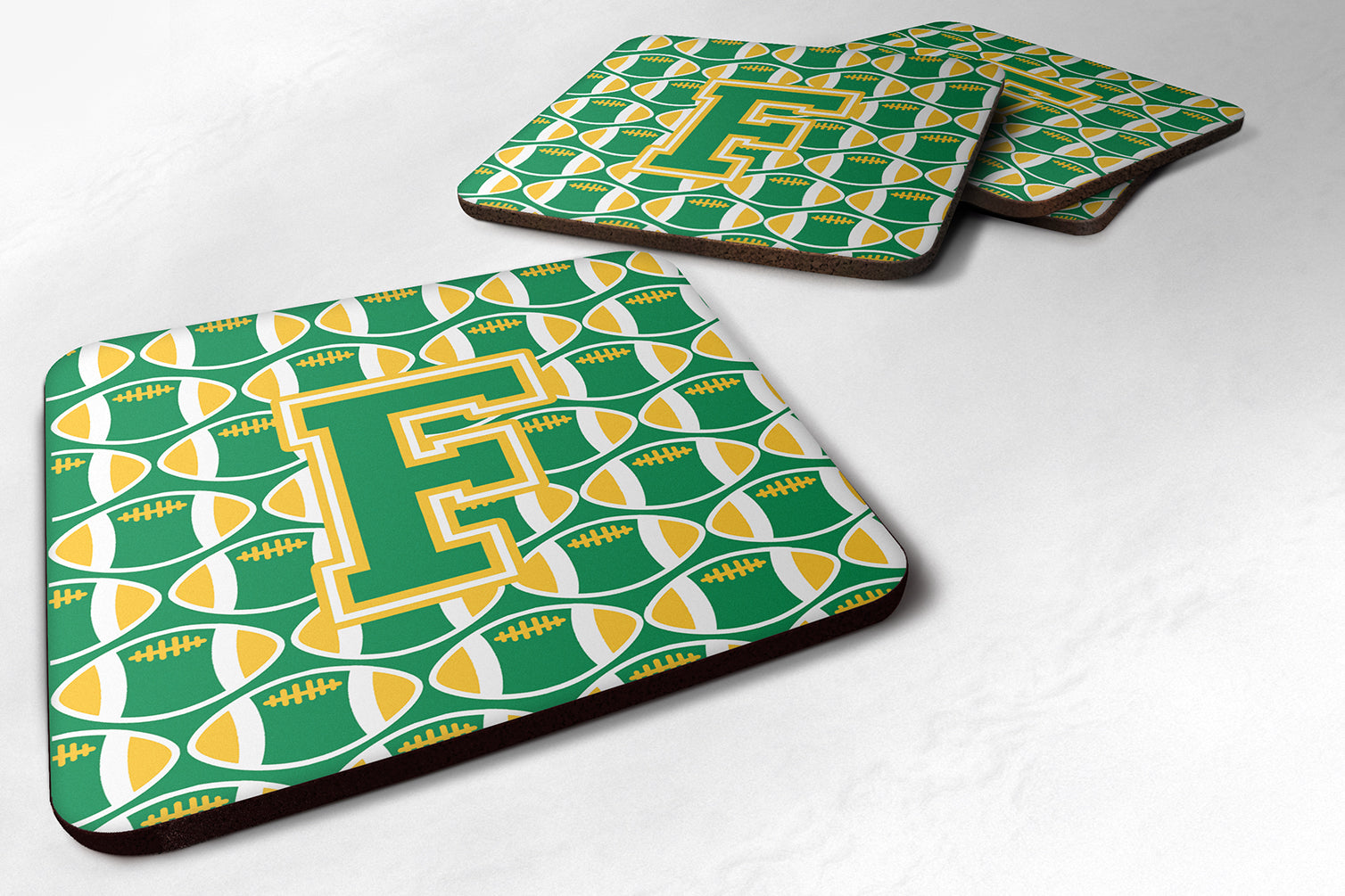 Letter F Football Green and Gold Foam Coaster Set of 4 CJ1069-FFC - the-store.com