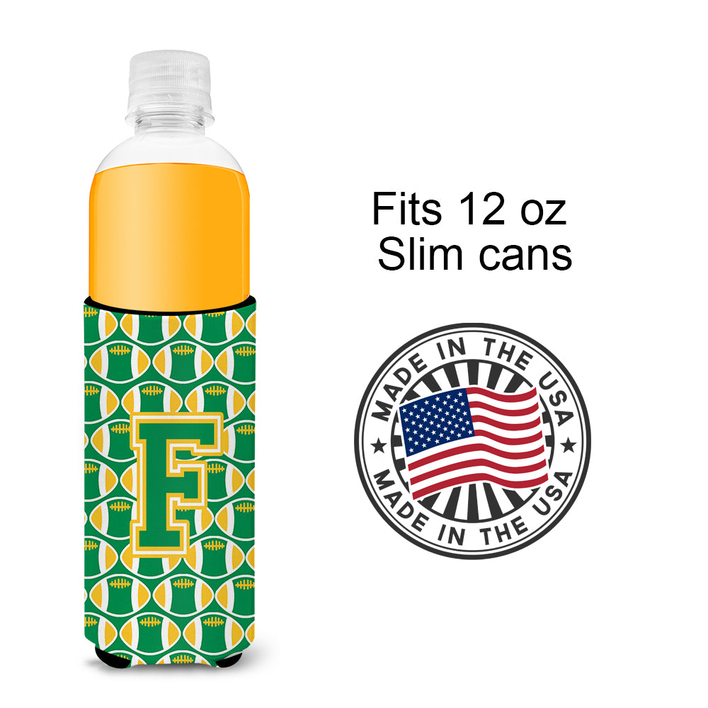 Letter F Football Green and Gold Ultra Beverage Insulators for slim cans CJ1069-FMUK.