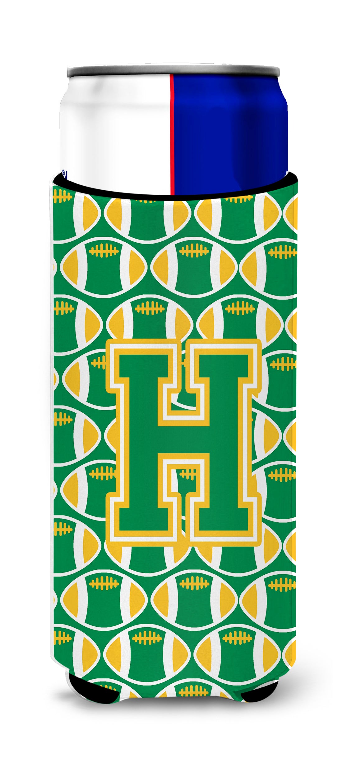 Letter H Football Green and Gold Ultra Beverage Insulators for slim cans CJ1069-HMUK.