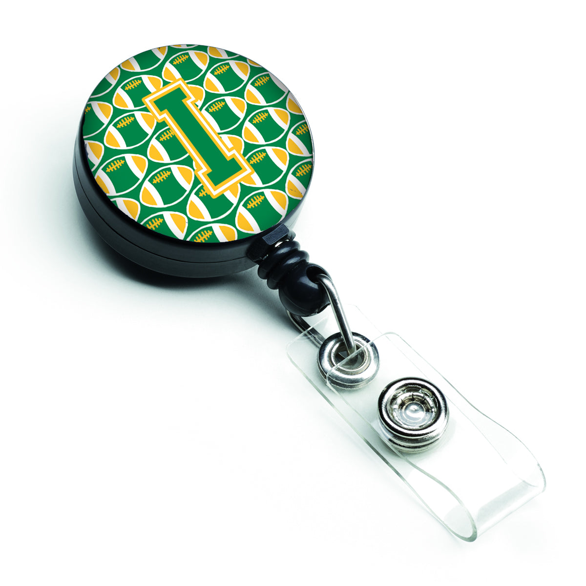 Letter I Football Green and Gold Retractable Badge Reel CJ1069-IBR.