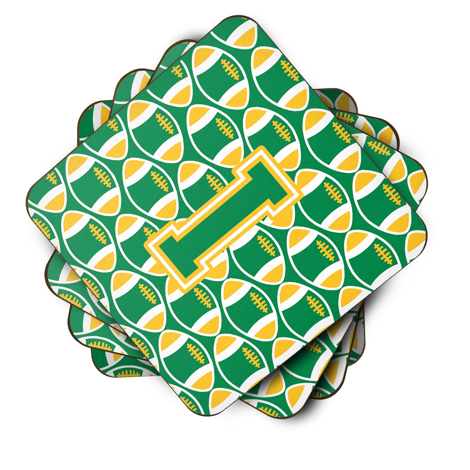 Letter I Football Green and Gold Foam Coaster Set of 4 CJ1069-IFC - the-store.com