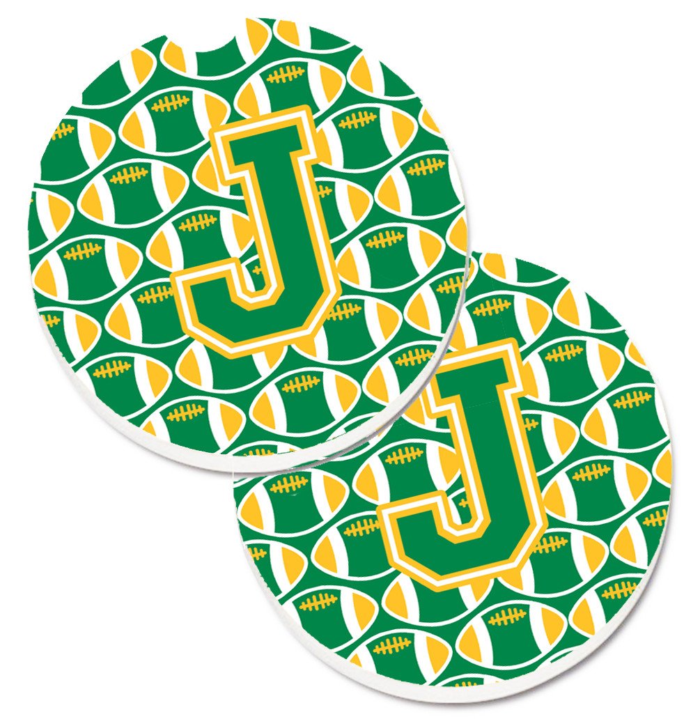 Letter J Football Green and Gold Set of 2 Cup Holder Car Coasters CJ1069-JCARC by Caroline&#39;s Treasures