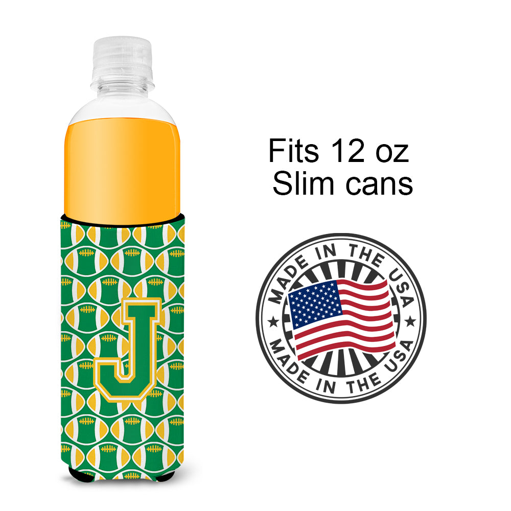 Letter J Football Green and Gold Ultra Beverage Insulators for slim cans CJ1069-JMUK.