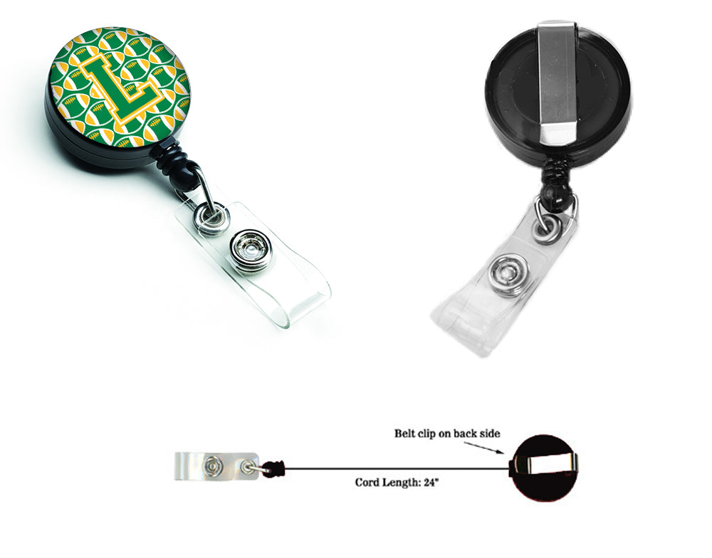 Letter L Football Green and Gold Retractable Badge Reel CJ1069-LBR.