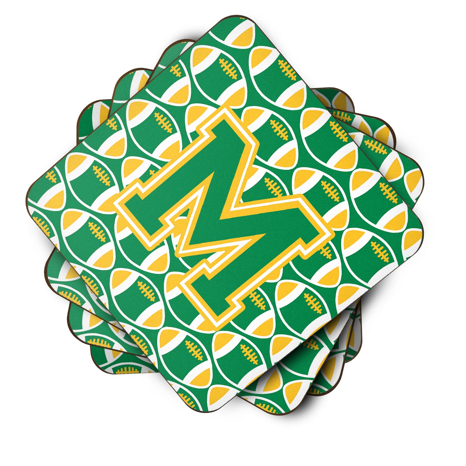 Letter M Football Green and Gold Foam Coaster Set of 4 CJ1069-MFC - the-store.com