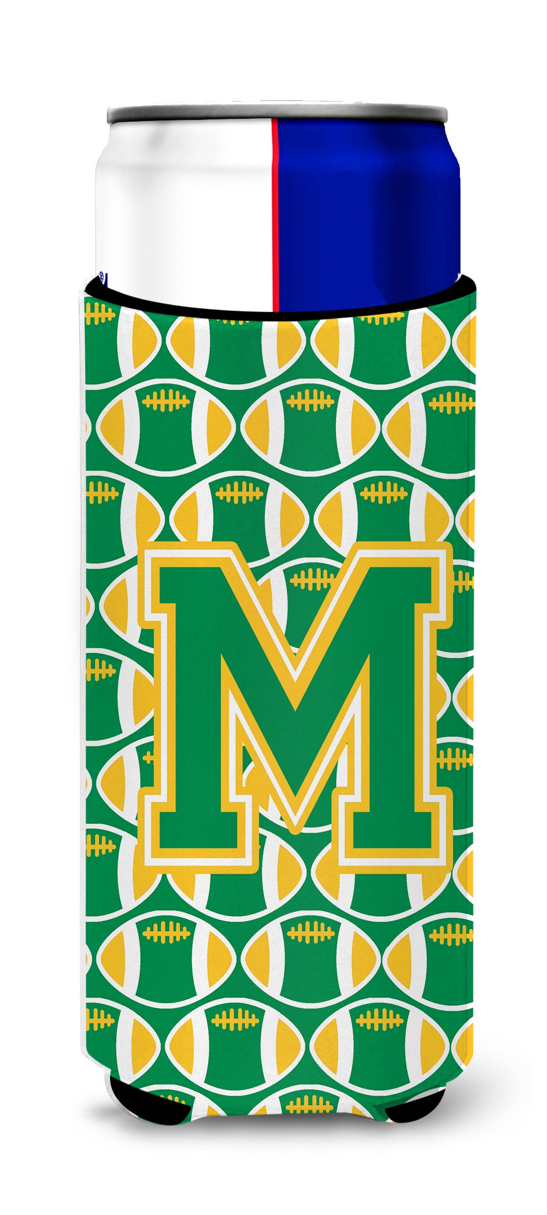 Letter M Football Green and Gold Ultra Beverage Insulators for slim cans CJ1069-MMUK.