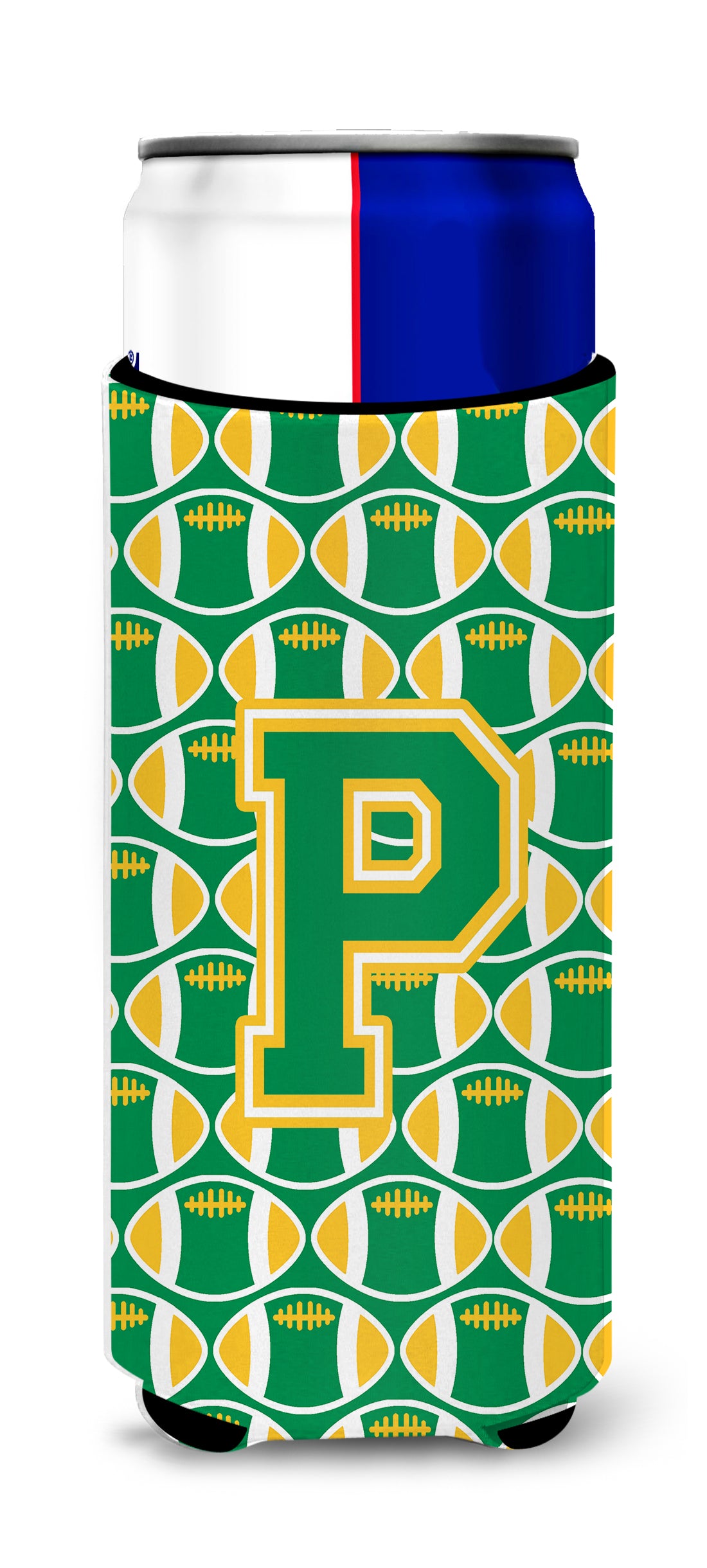 Letter P Football Green and Gold Ultra Beverage Insulators for slim cans CJ1069-PMUK.