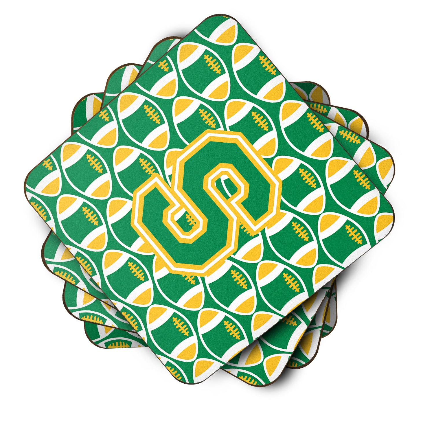 Letter S Football Green and Gold Foam Coaster Set of 4 CJ1069-SFC - the-store.com