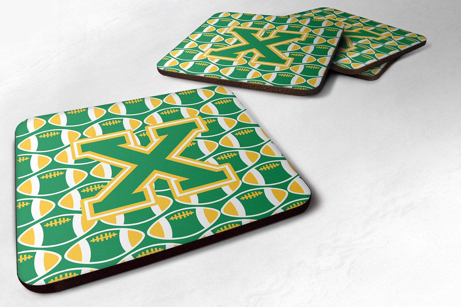 Letter X Football Green and Gold Foam Coaster Set of 4 CJ1069-XFC - the-store.com