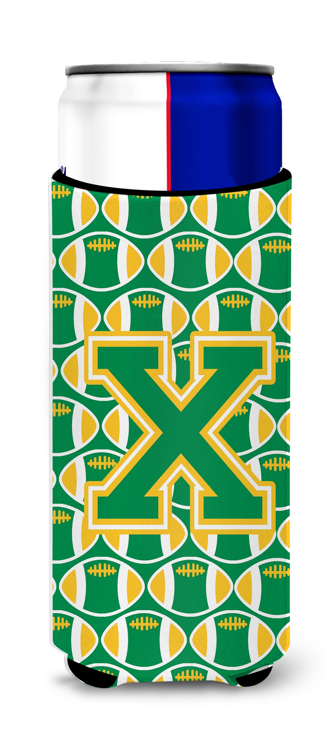 Letter X Football Green and Gold Ultra Beverage Insulators for slim cans CJ1069-XMUK.