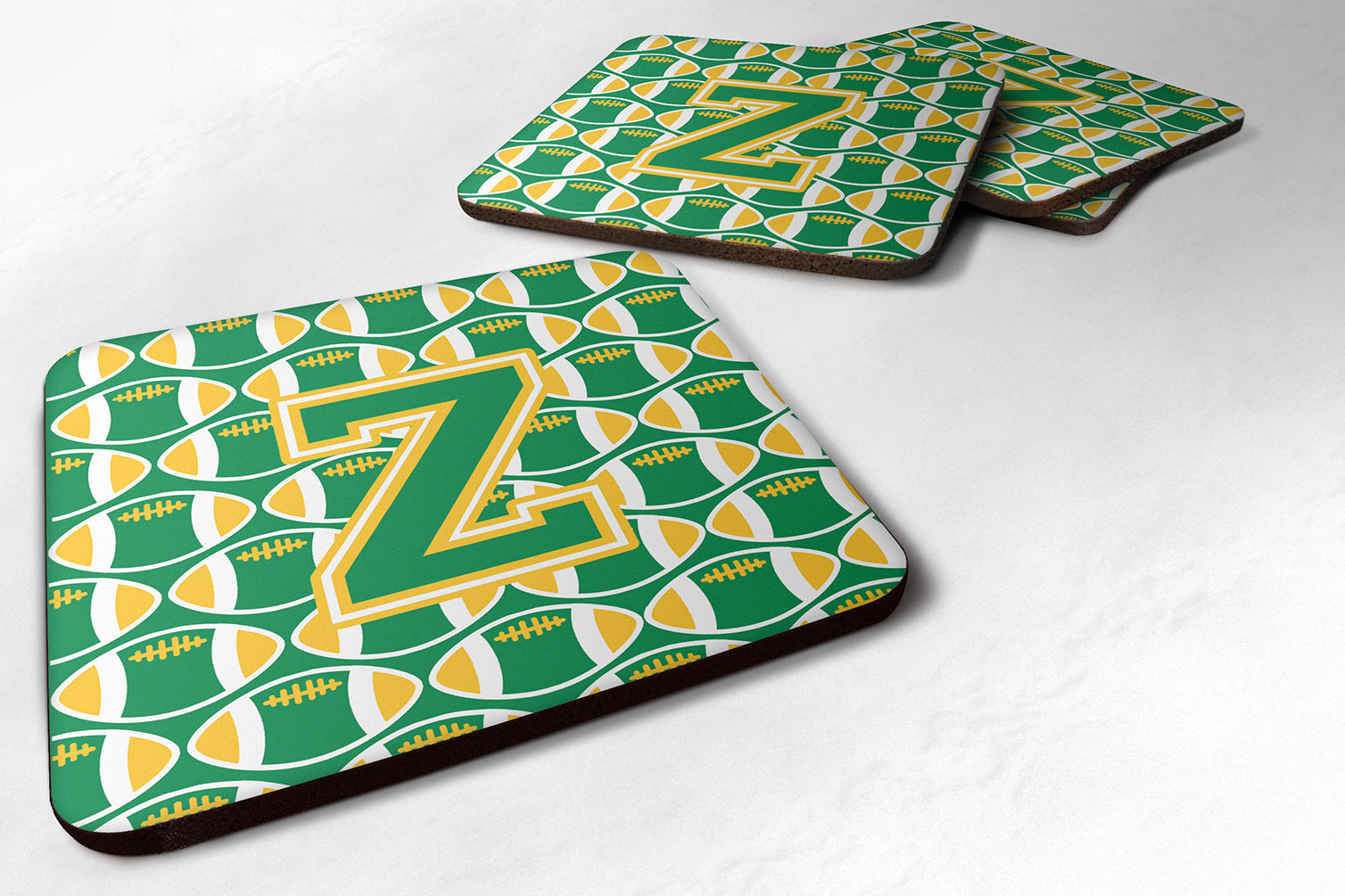 Letter Z Football Green and Gold Foam Coaster Set of 4 CJ1069-ZFC - the-store.com