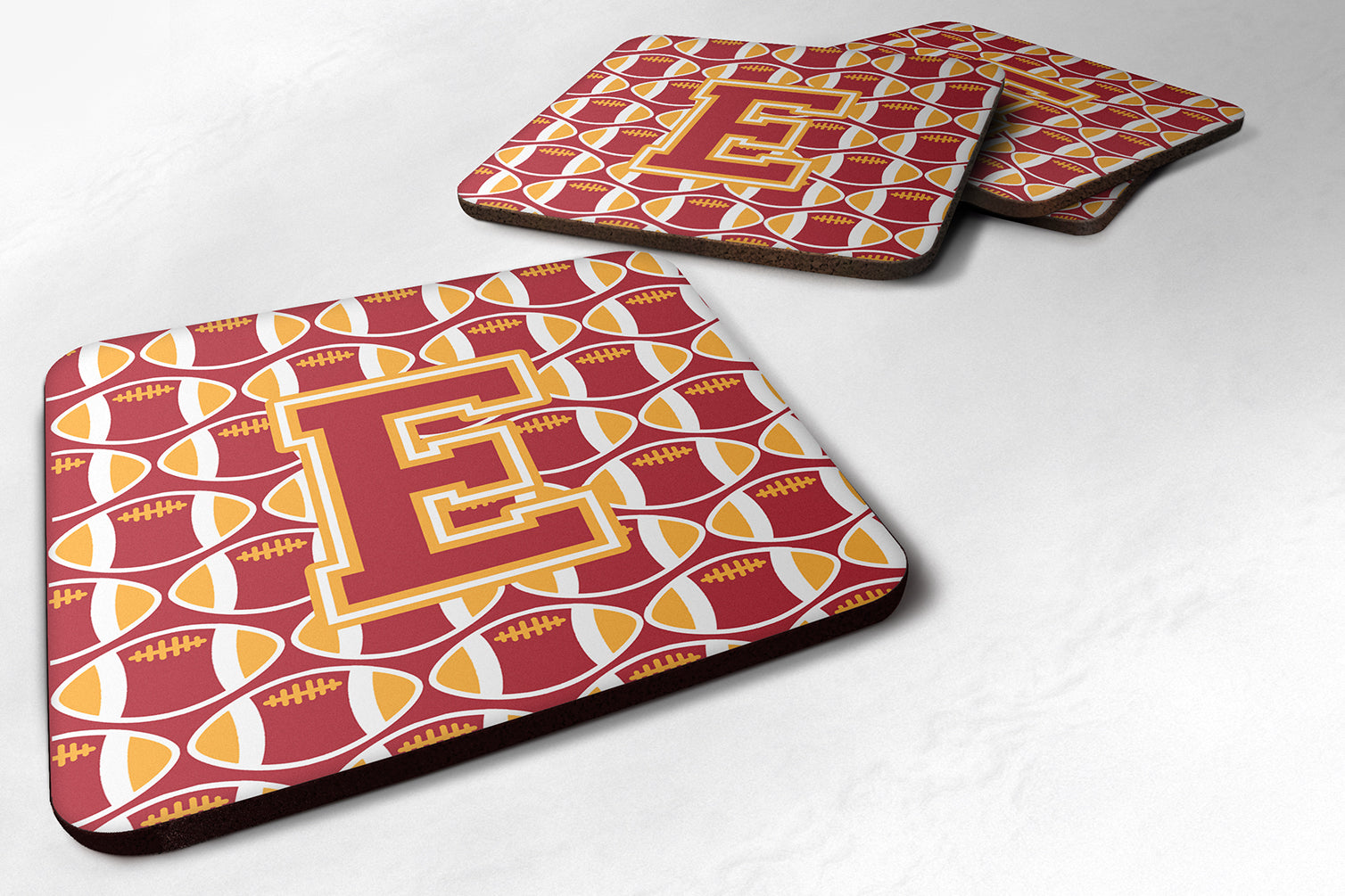 Letter E Football Cardinal and Gold Foam Coaster Set of 4 CJ1070-EFC - the-store.com