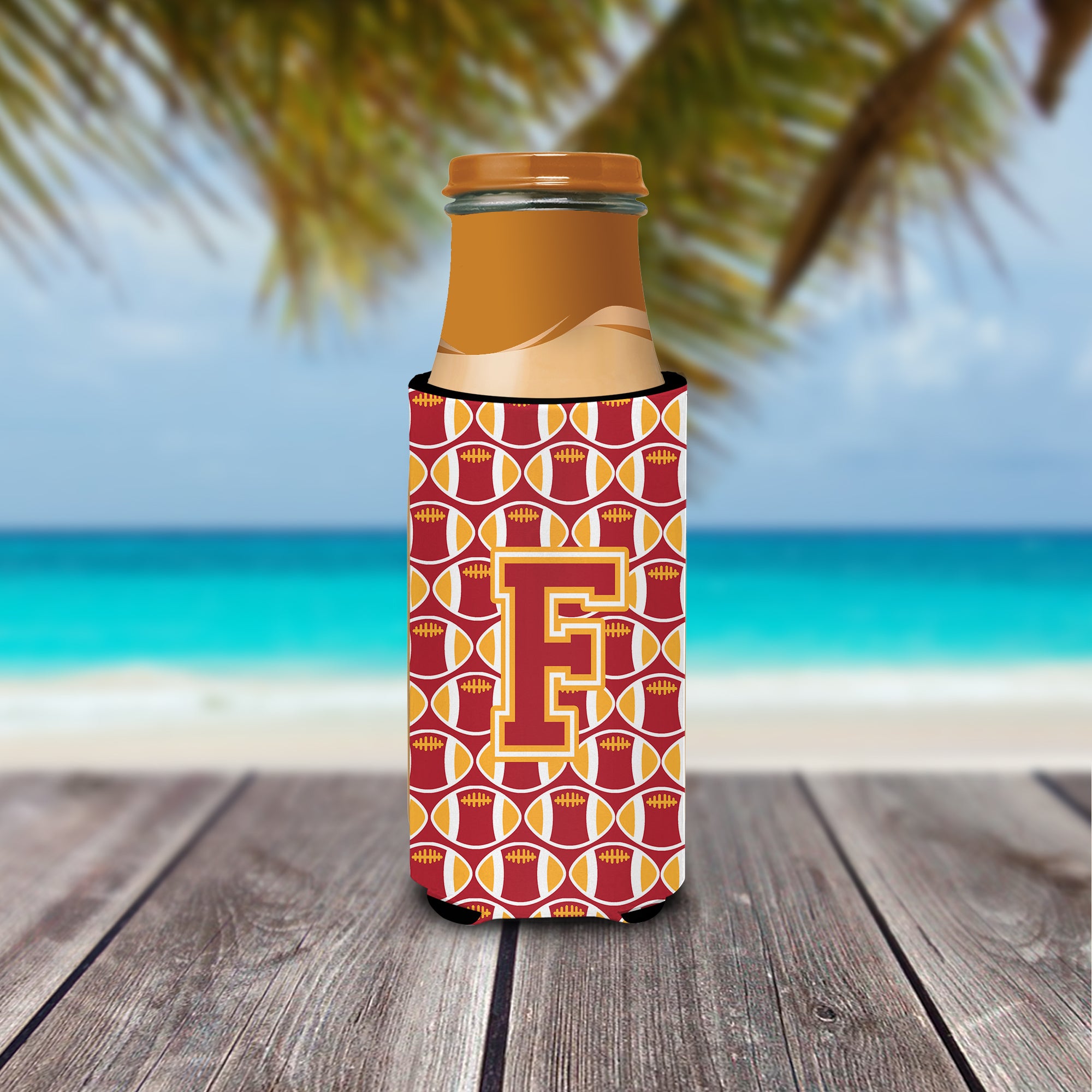 Letter F Football Cardinal and Gold Ultra Beverage Insulators for slim cans CJ1070-FMUK.