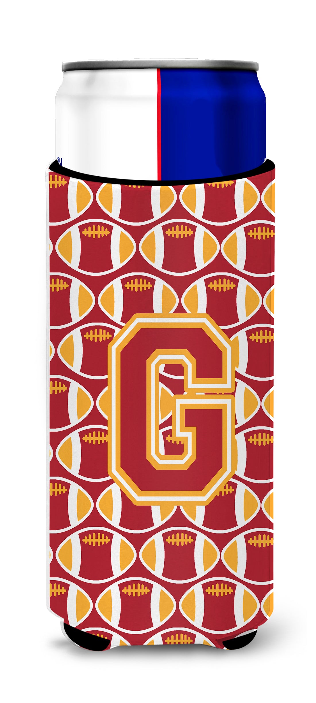 Letter G Football Cardinal and Gold Ultra Beverage Insulators for slim cans CJ1070-GMUK.