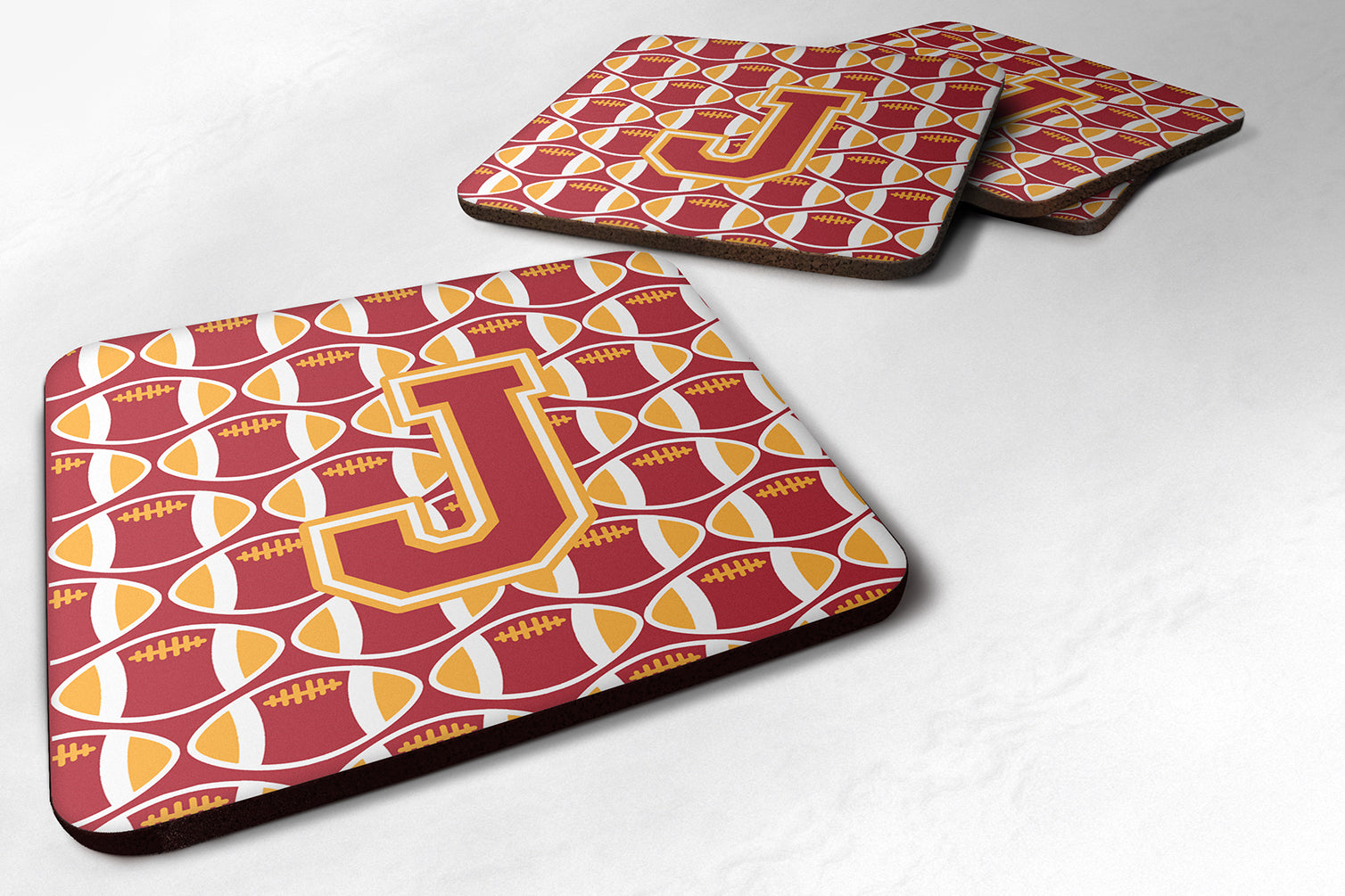 Letter J Football Cardinal and Gold Foam Coaster Set of 4 CJ1070-JFC - the-store.com