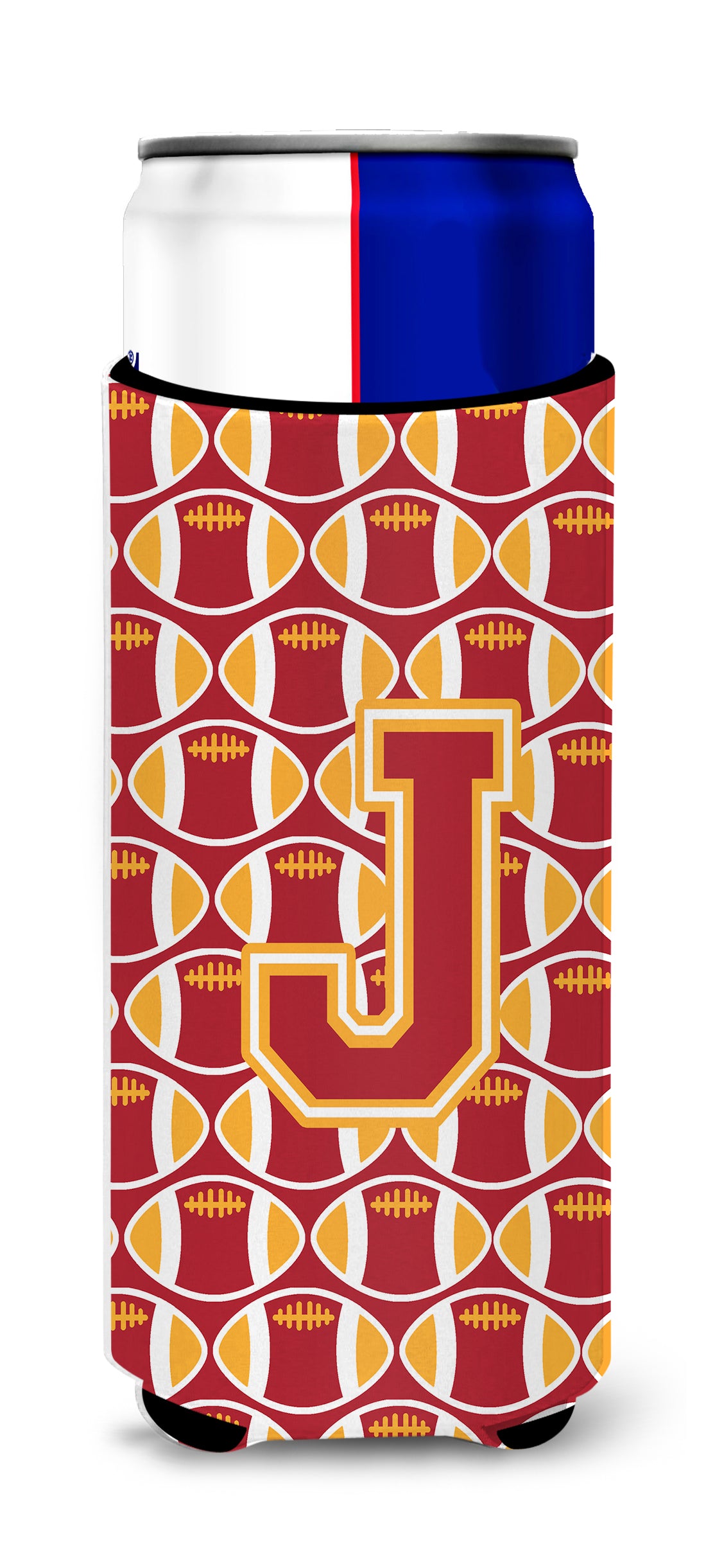 Letter J Football Cardinal and Gold Ultra Beverage Insulators for slim cans CJ1070-JMUK.