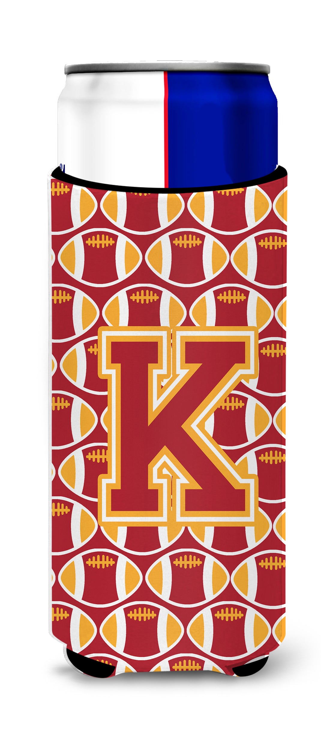 Letter K Football Cardinal and Gold Ultra Beverage Insulators for slim cans CJ1070-KMUK.