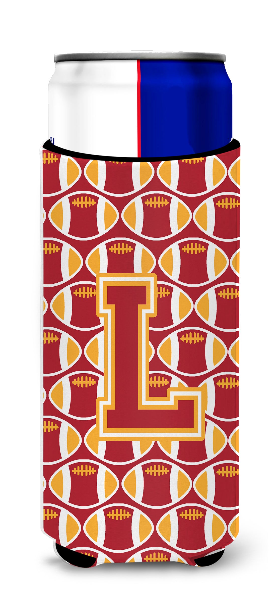 Letter L Football Cardinal and Gold Ultra Beverage Insulators for slim cans CJ1070-LMUK.