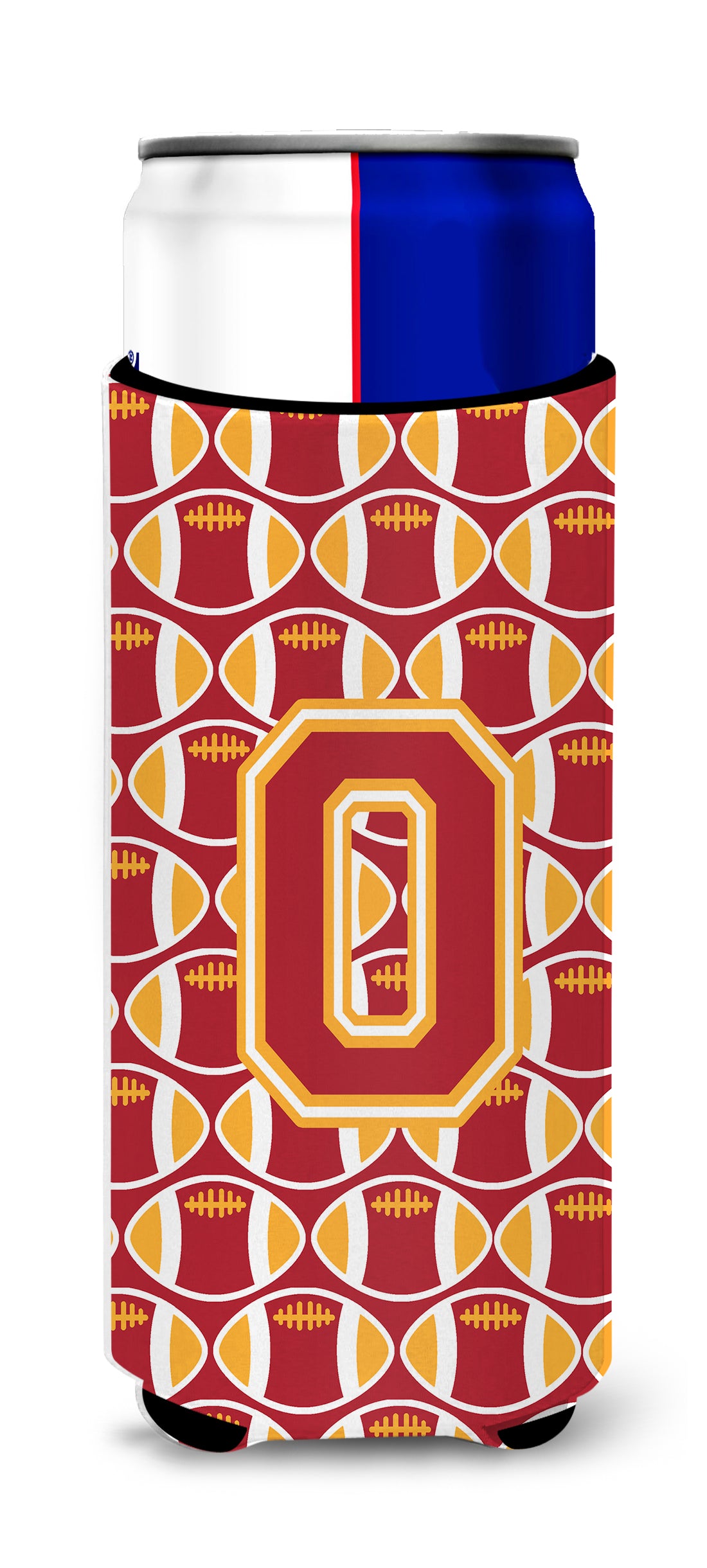 Letter O Football Cardinal and Gold Ultra Beverage Insulators for slim cans CJ1070-OMUK.