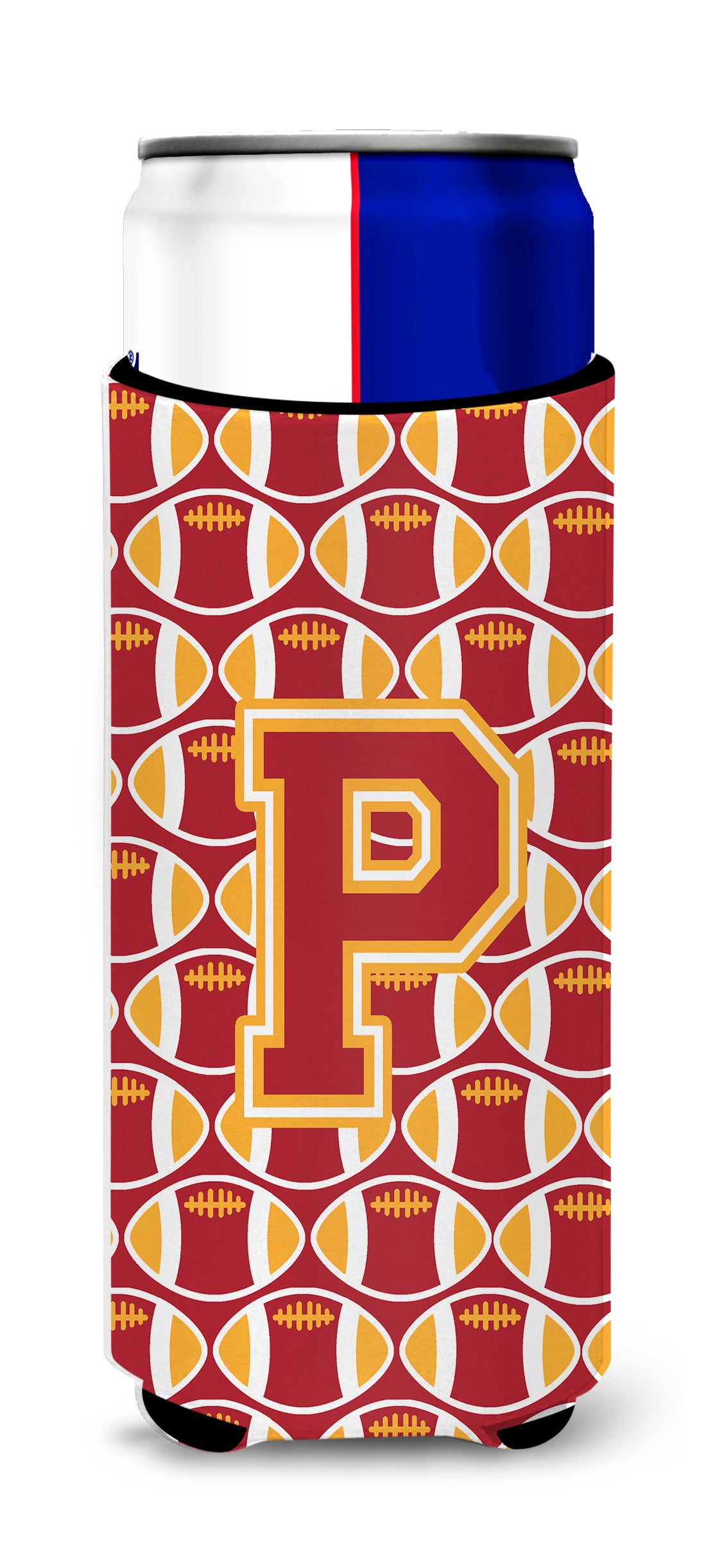 Letter P Football Cardinal and Gold Ultra Beverage Insulators for slim cans CJ1070-PMUK.