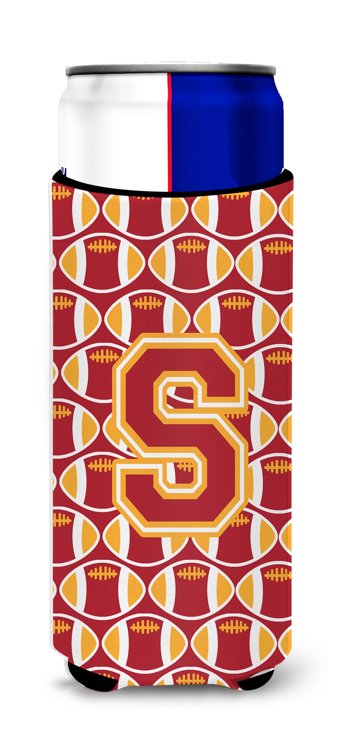 Letter S Football Cardinal and Gold Ultra Beverage Insulators for slim cans CJ1070-SMUK.