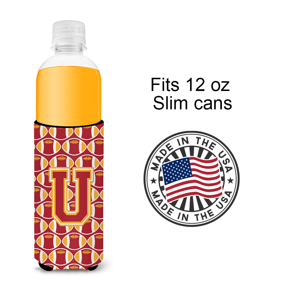 Letter U Football Cardinal and Gold Ultra Beverage Insulators for slim cans CJ1070-UMUK.