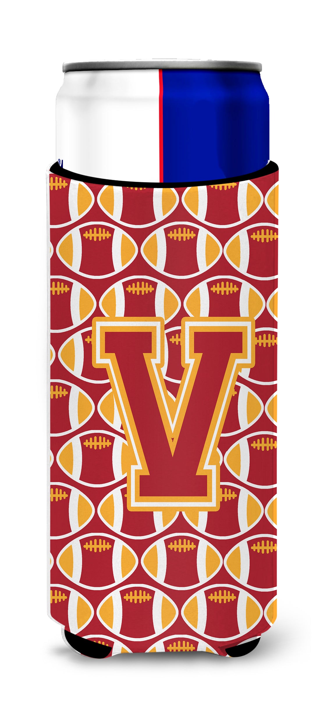 Letter V Football Cardinal and Gold Ultra Beverage Insulators for slim cans CJ1070-VMUK.