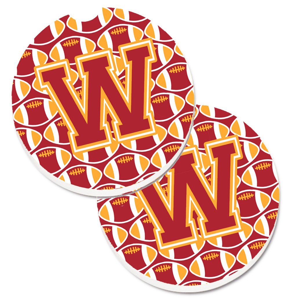 Letter W Football Cardinal and Gold Set of 2 Cup Holder Car Coasters CJ1070-WCARC by Caroline's Treasures