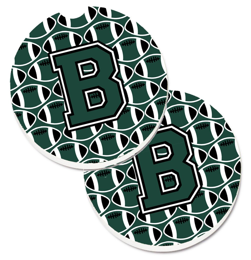 Letter B Football Green and White Set of 2 Cup Holder Car Coasters CJ1071-BCARC by Caroline&#39;s Treasures