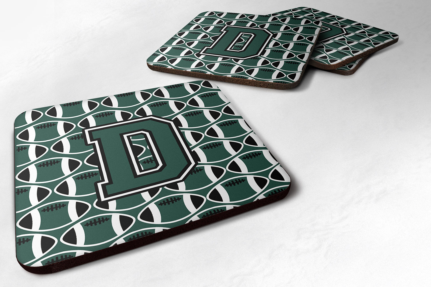 Letter D Football Green and White Foam Coaster Set of 4 CJ1071-DFC - the-store.com