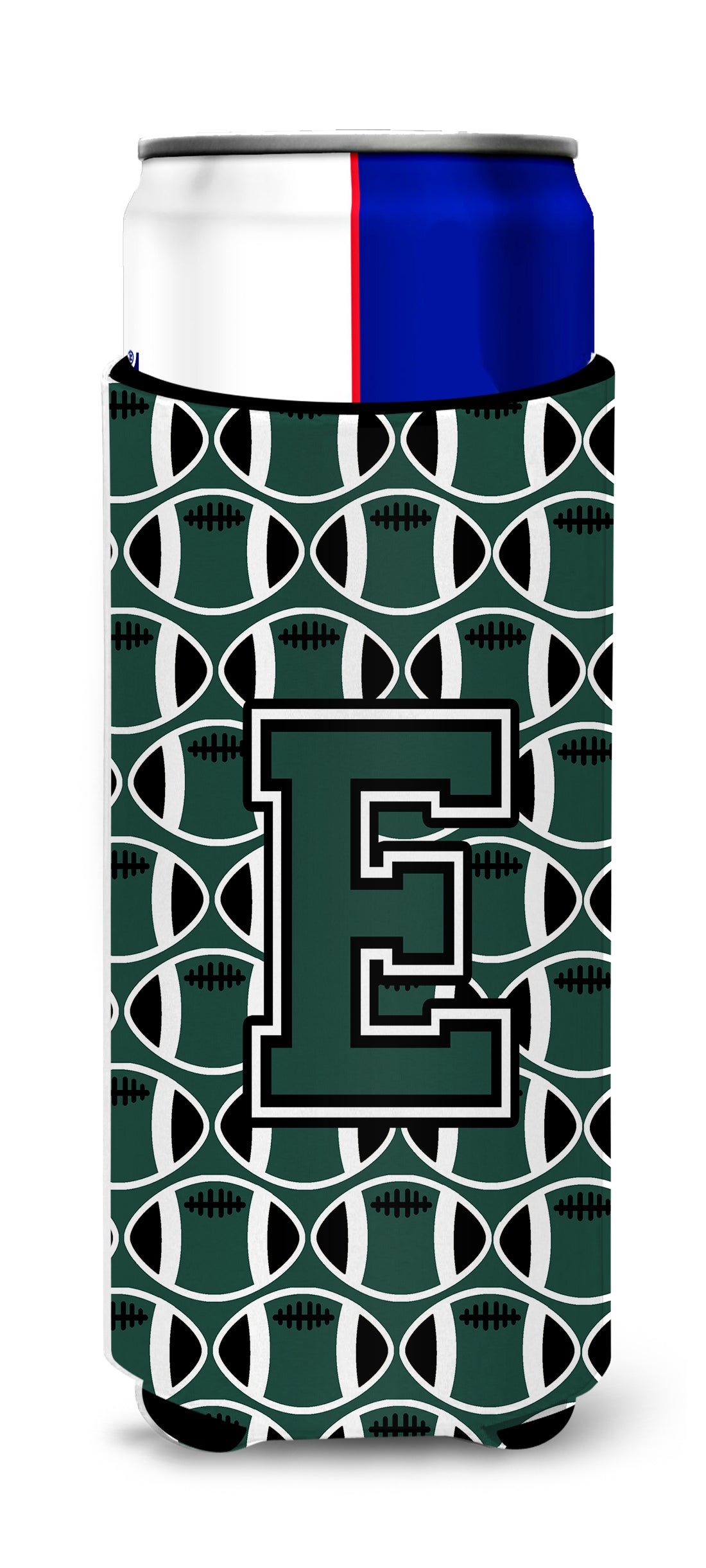 Letter E Football Green and White Ultra Beverage Insulators for slim cans CJ1071-EMUK.