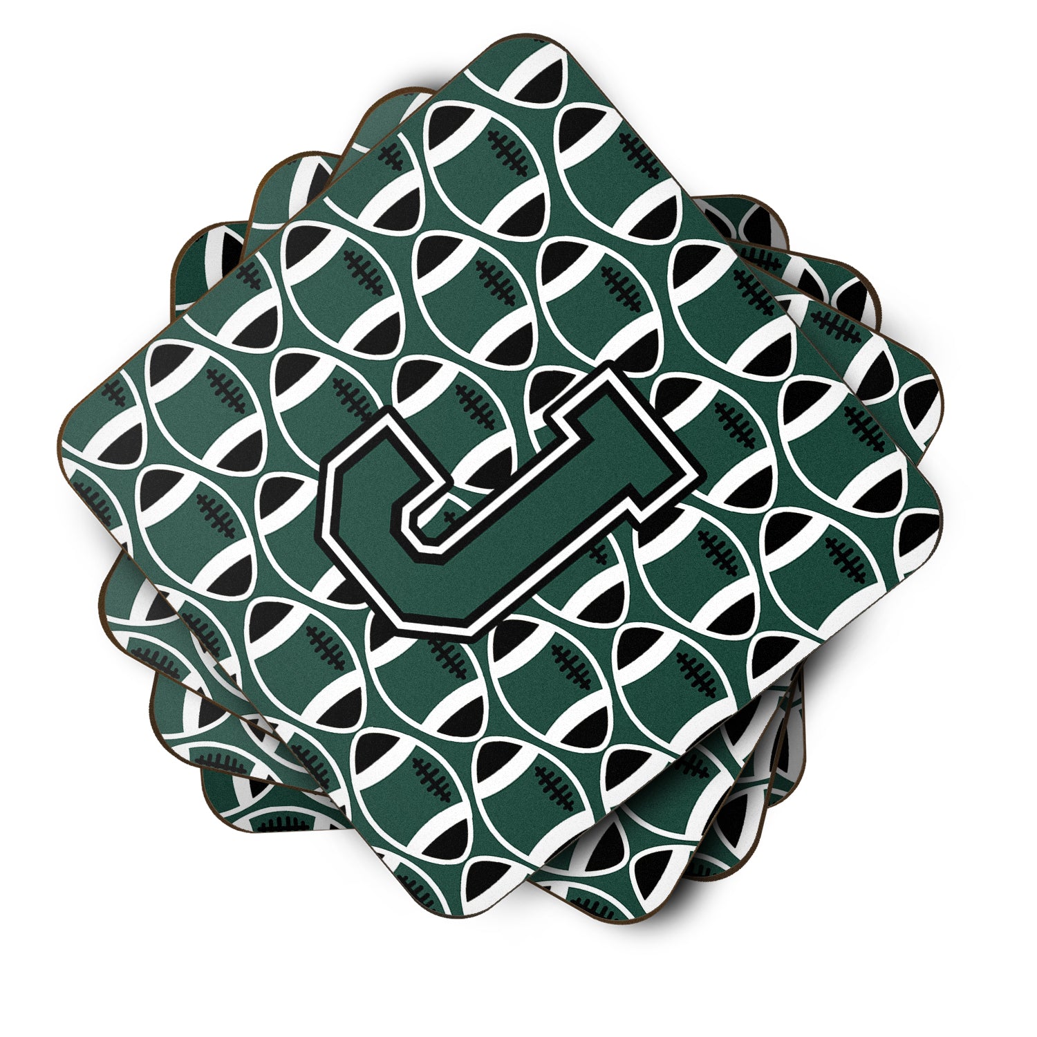 Letter J Football Green and White Foam Coaster Set of 4 CJ1071-JFC - the-store.com