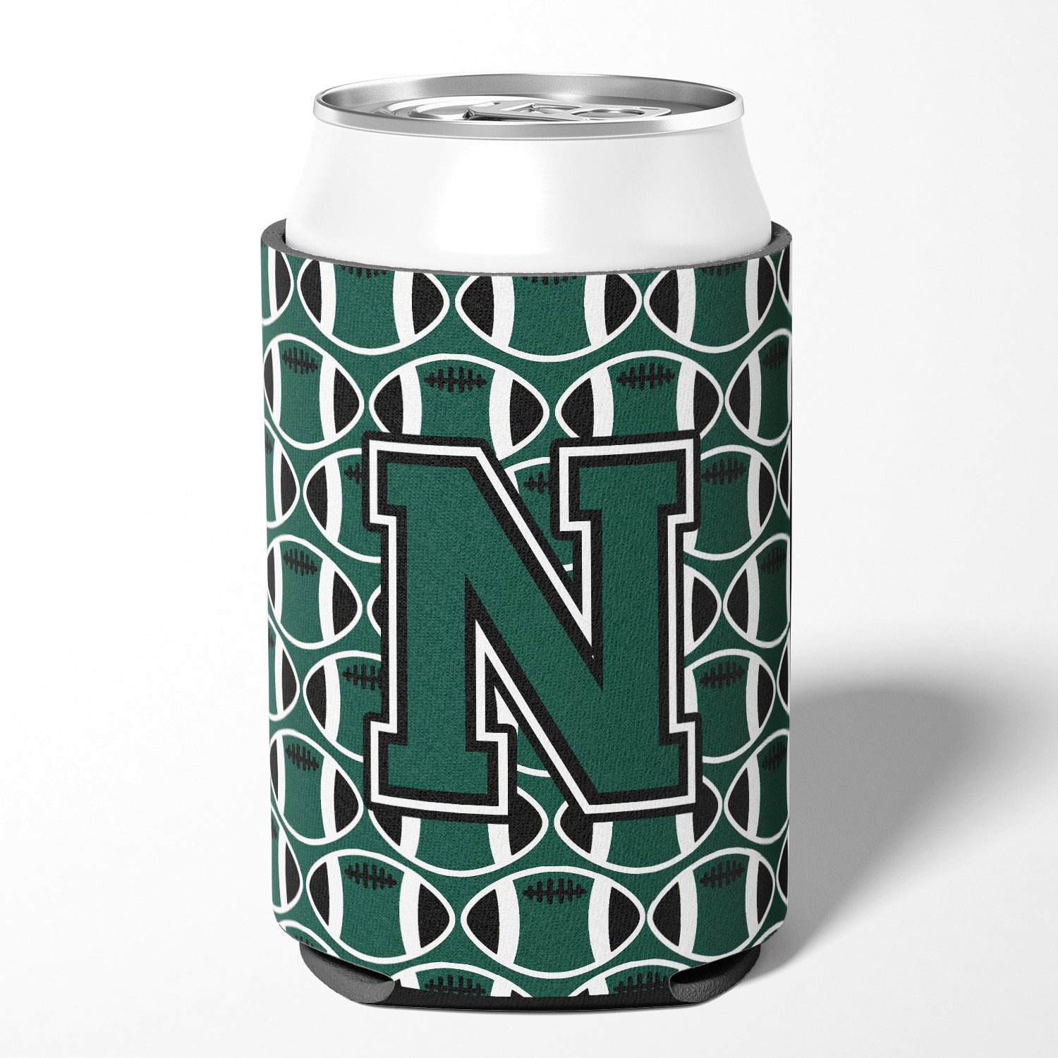 Letter N Football Green and White Can or Bottle Hugger CJ1071-NCC.