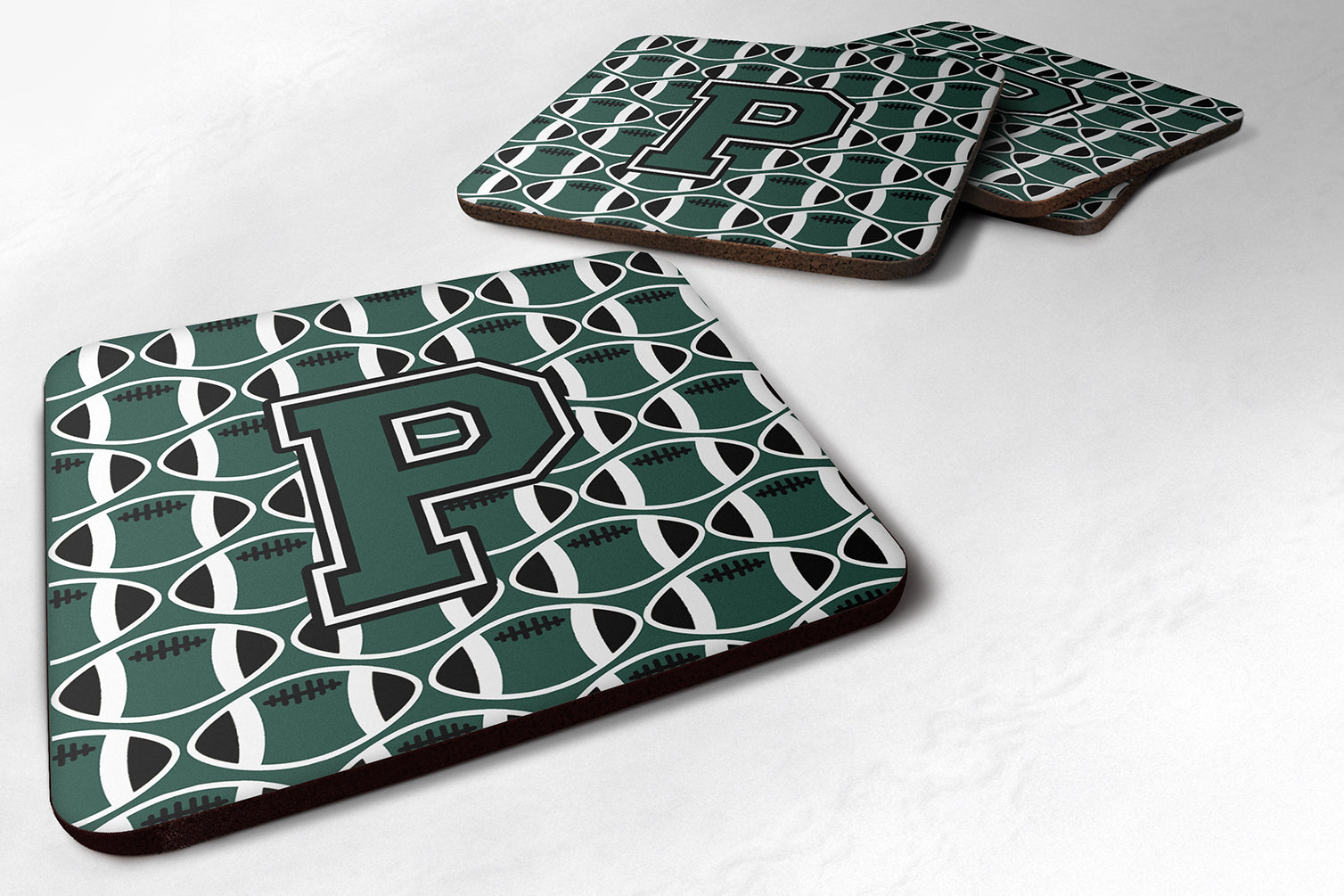 Letter P Football Green and White Foam Coaster Set of 4 CJ1071-PFC - the-store.com