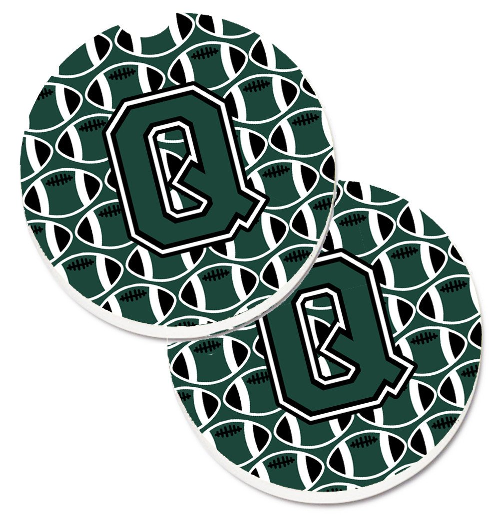 Letter Q Football Green and White Set of 2 Cup Holder Car Coasters CJ1071-QCARC by Caroline&#39;s Treasures