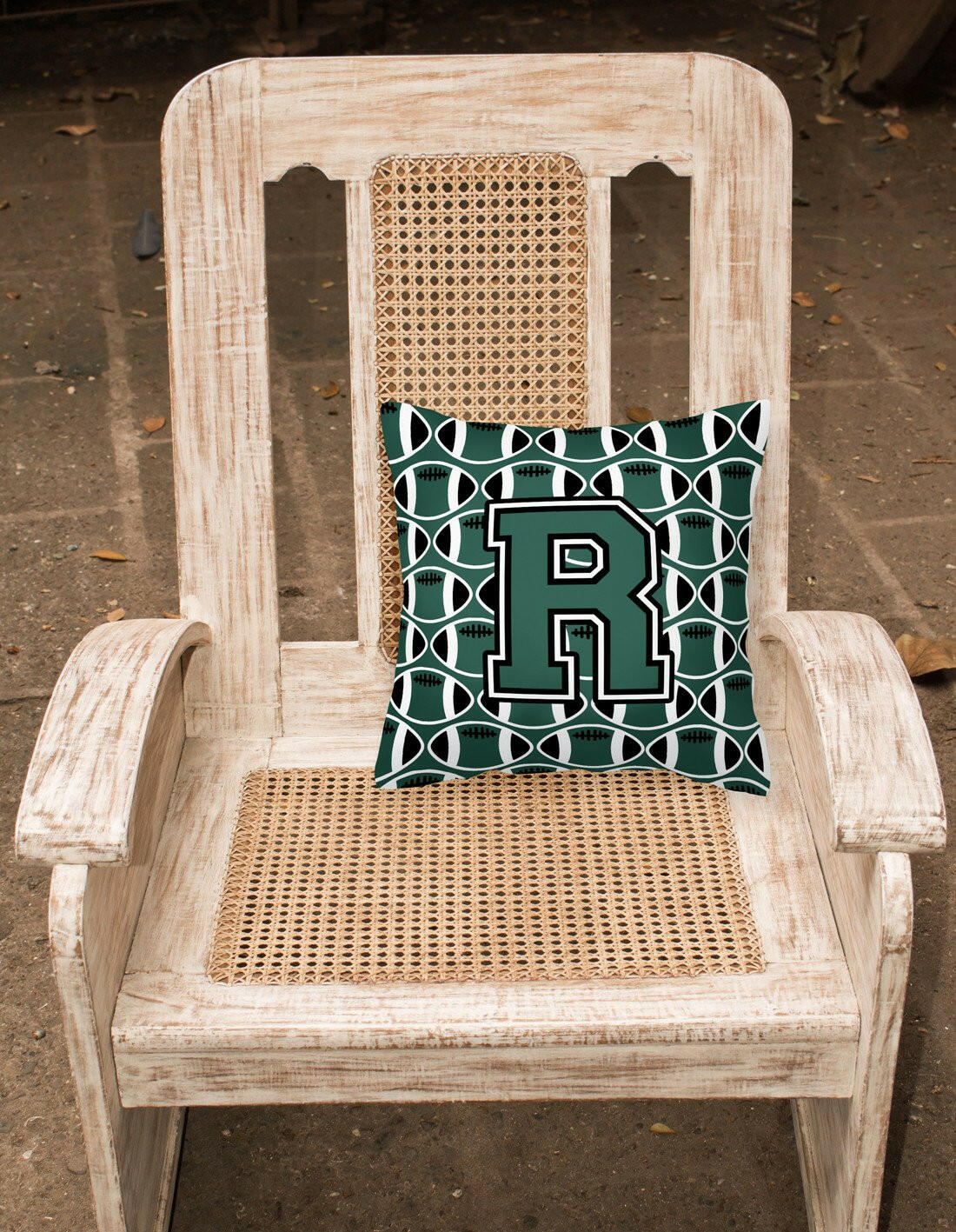 Letter R Football Green and White Fabric Decorative Pillow CJ1071-RPW1414 by Caroline's Treasures