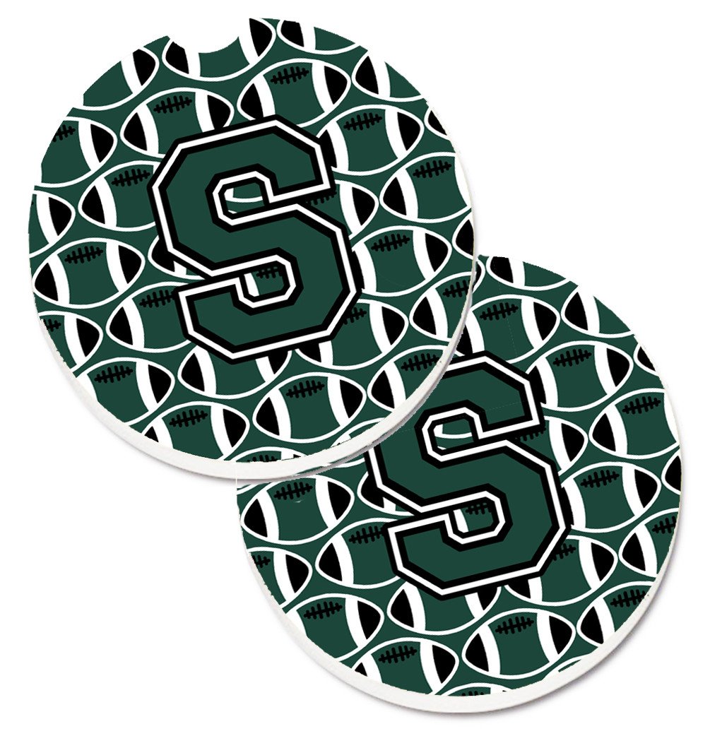 Letter S Football Green and White Set of 2 Cup Holder Car Coasters CJ1071-SCARC by Caroline&#39;s Treasures