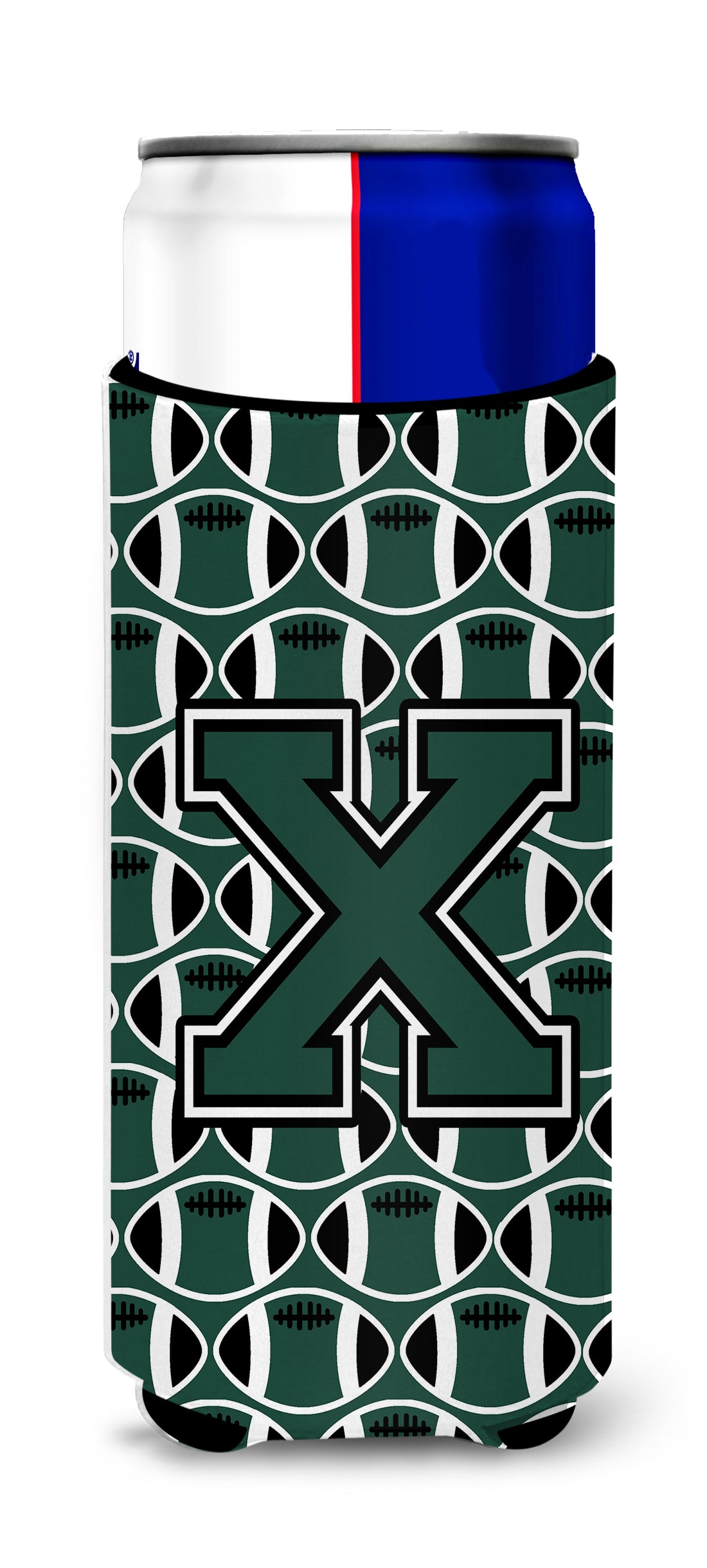 Letter X Football Green and White Ultra Beverage Insulators for slim cans CJ1071-XMUK.