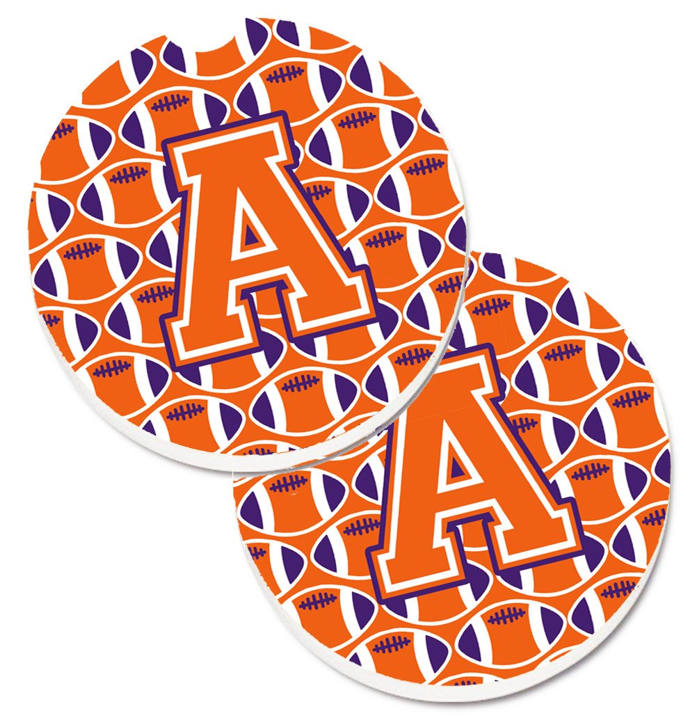 Letter A Football Orange, White and Regalia Set of 2 Cup Holder Car Coasters CJ1072-ACARC by Caroline's Treasures