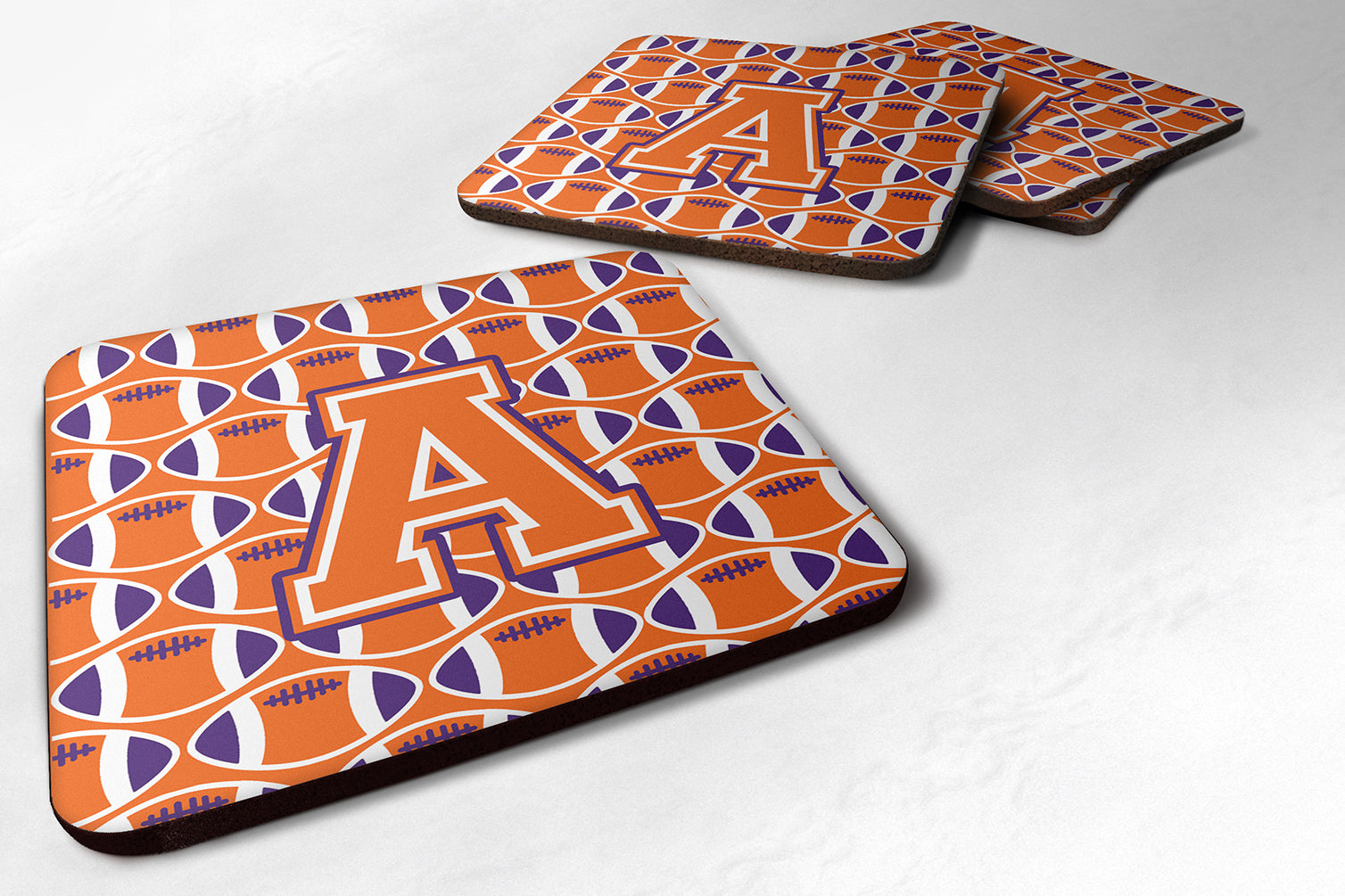 Letter A Football Orange, White and Regalia Foam Coaster Set of 4 CJ1072-AFC - the-store.com