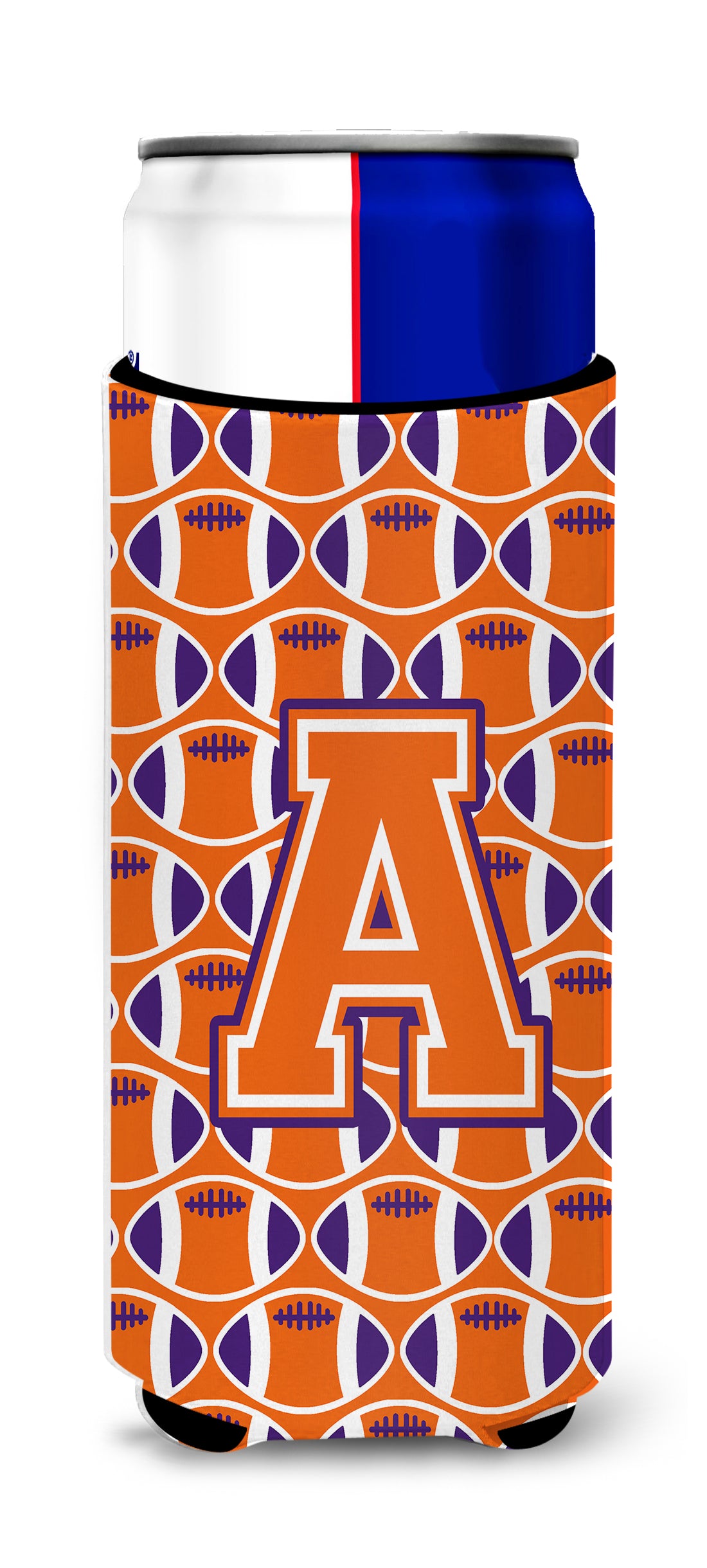 Letter A Football Orange, White and Regalia Ultra Beverage Insulators for slim cans CJ1072-AMUK.