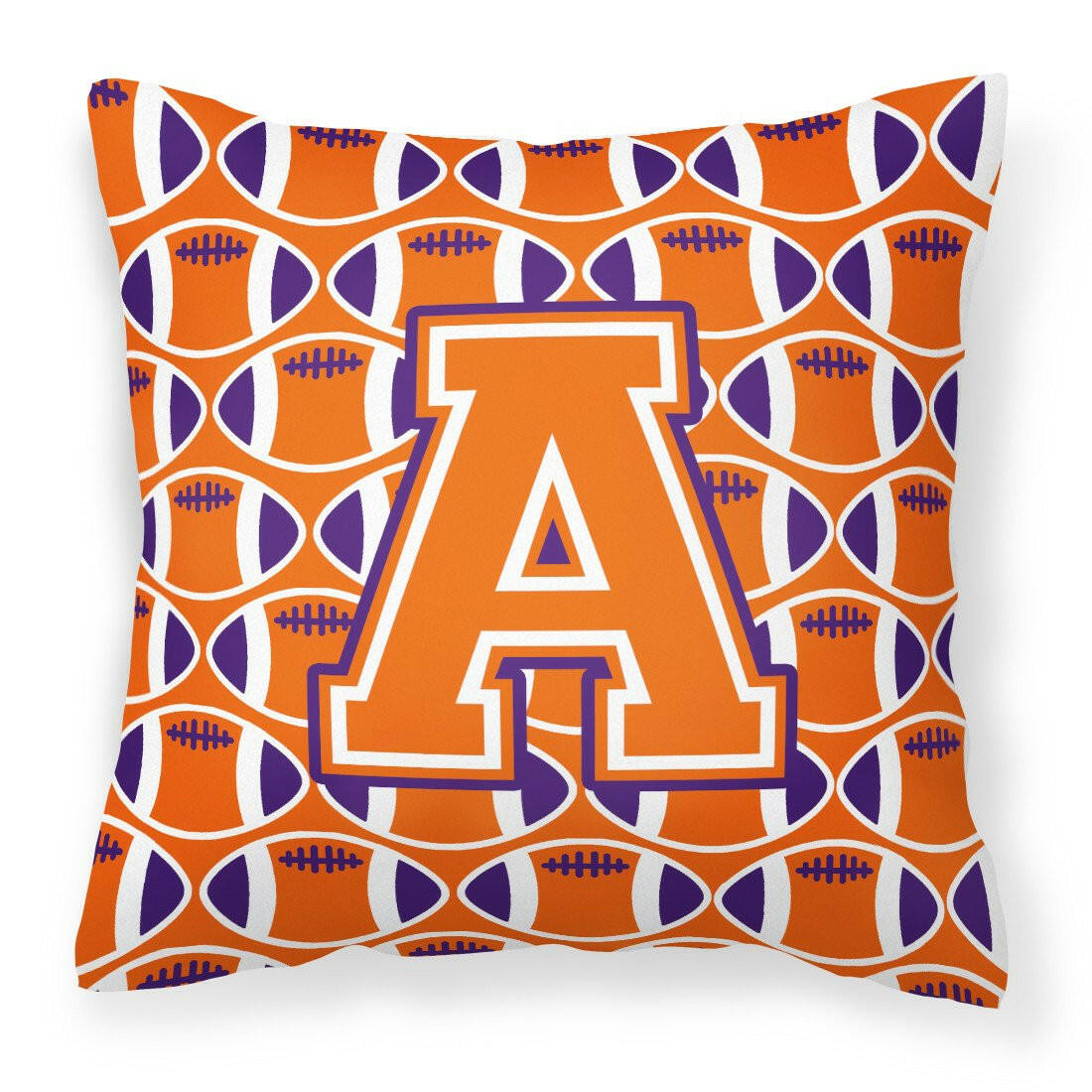 Letter A Football Orange, White and Regalia Fabric Decorative Pillow CJ1072-APW1414 by Caroline's Treasures