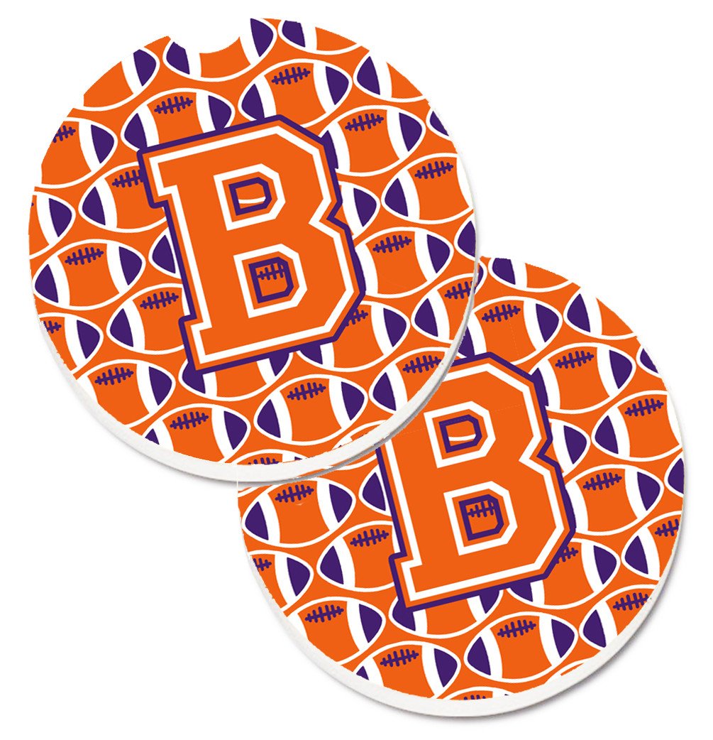 Letter B Football Orange, White and Regalia Set of 2 Cup Holder Car Coasters CJ1072-BCARC by Caroline's Treasures