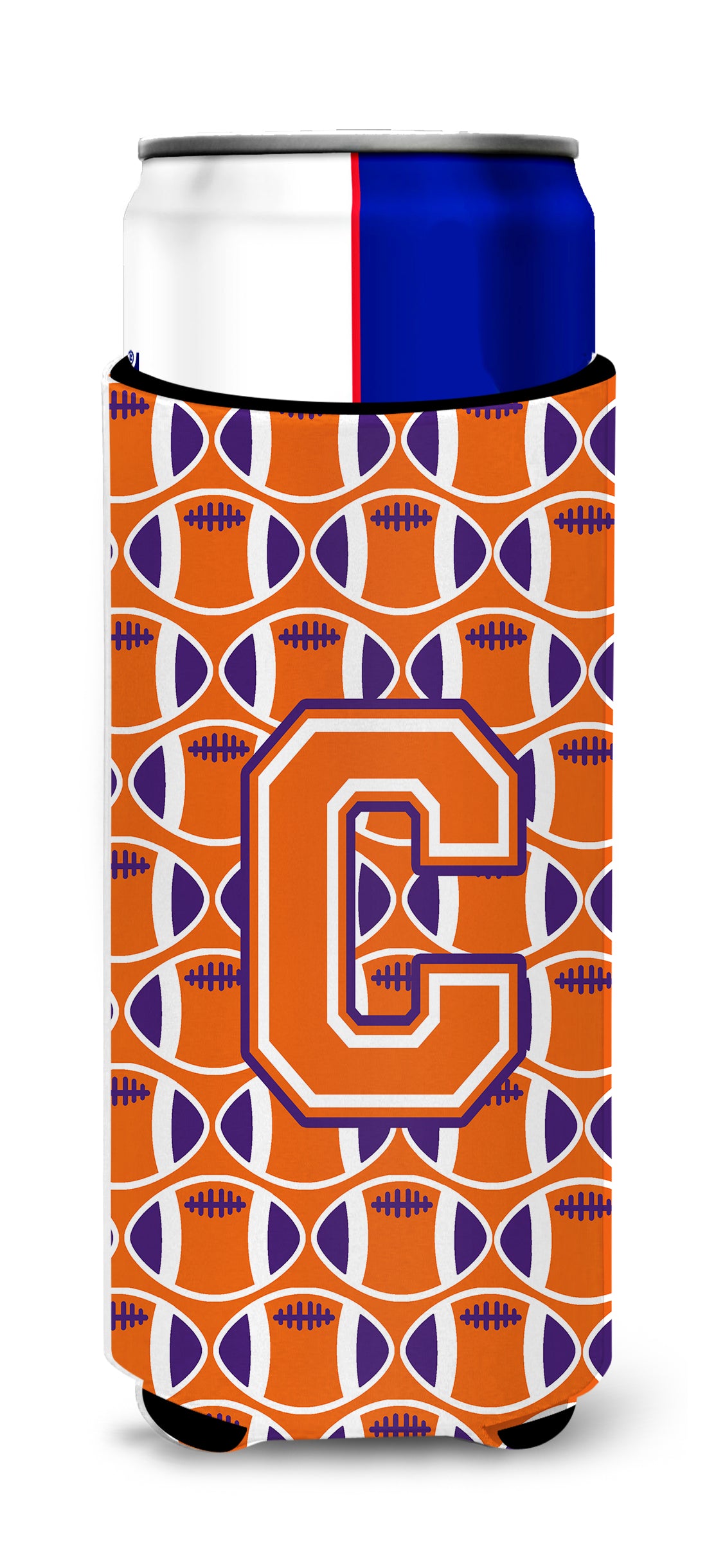 Letter C Football Orange, White and Regalia Ultra Beverage Insulators for slim cans CJ1072-CMUK.